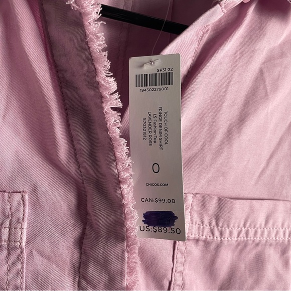 NWT CHICOS 0 Touch Cool Fringe Hem Button Up Shirt Sm Lavender Rose Pink Denim - Picture 4 of 8